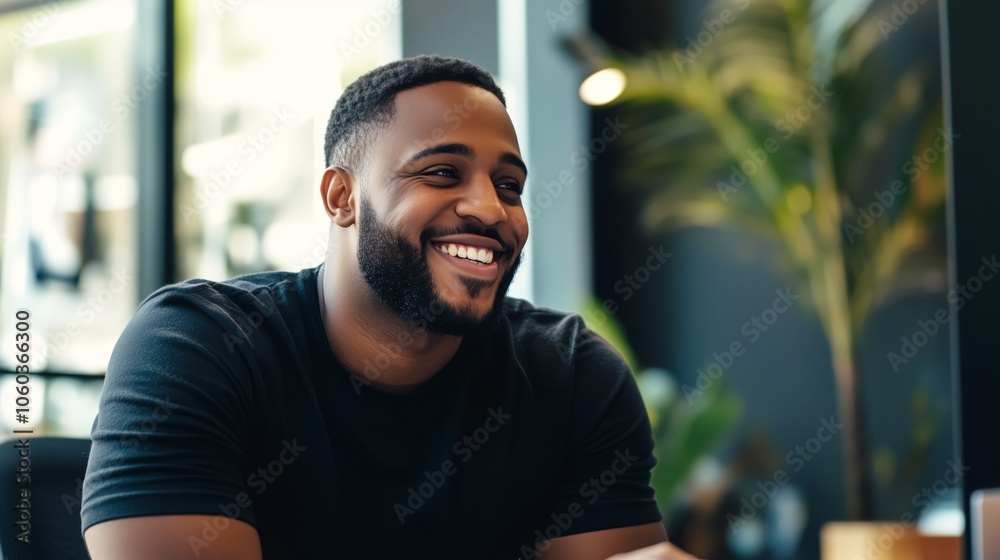 A man who has a beard is smiling joyfully while sitting at a table A man who has a beard is smiling joyfully while sitting at a table