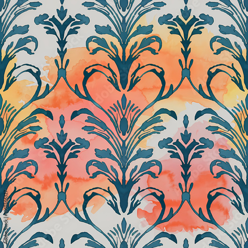 acanthus pattern, surface design pattern, soft watercolor illustration photo