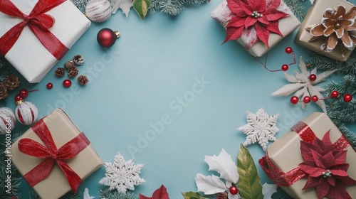 Festive Christmas Gifts and Decor on Blue Background