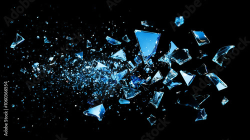 Shattered glass fragments suspended in mid-air against a dark background, symbolizing chaos and dynamic motion