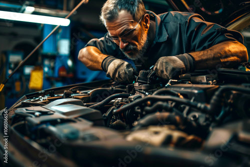 Experienced auto mechanic working diligently on car engine in auto repair shop, showcasing skill and focus in well equipped environment