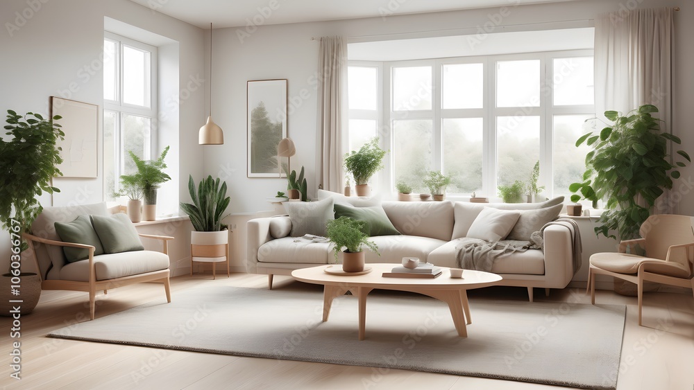 Fototapeta premium Modern Minimalist Living Space with Large Windows, Natural Light, and Earthy Decor Creating an Inviting Ambiance (60)