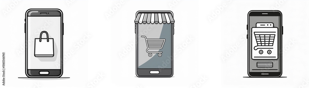 Three mobile phones with shopping icons. Three mobile phones with shopping icons.