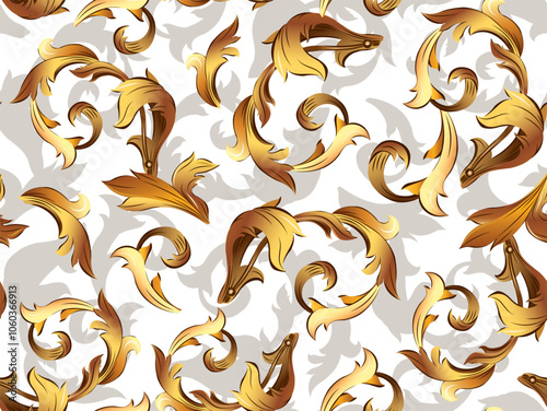 Golden Baroque scrolls seamless pattern on a white background. Fashionable silk textile print, fashion ornament, wallpaper, wrapping paper stock illustration