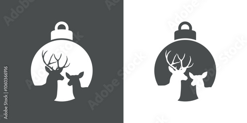 Tiempo de Navidad. Logo con silueta de bola de navidad con pareja de ciervo o reno macho y hembra para tarjetas y felicitaciones