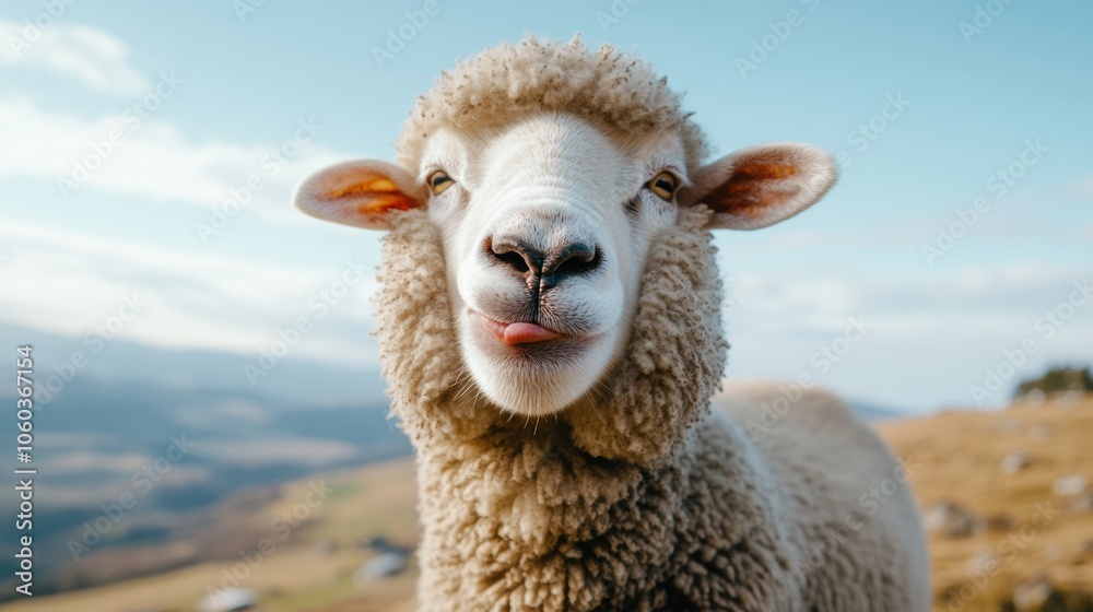 Obraz premium Sheep sticking out its tongue in a sunny pasture, AI