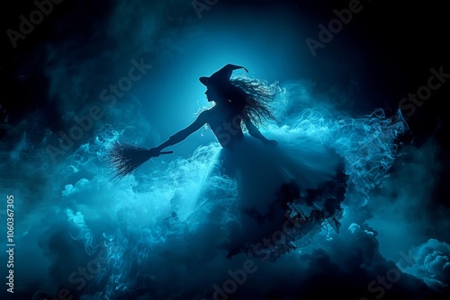 Mysterious witch dancing with a broom in a foggy, illuminated night setting