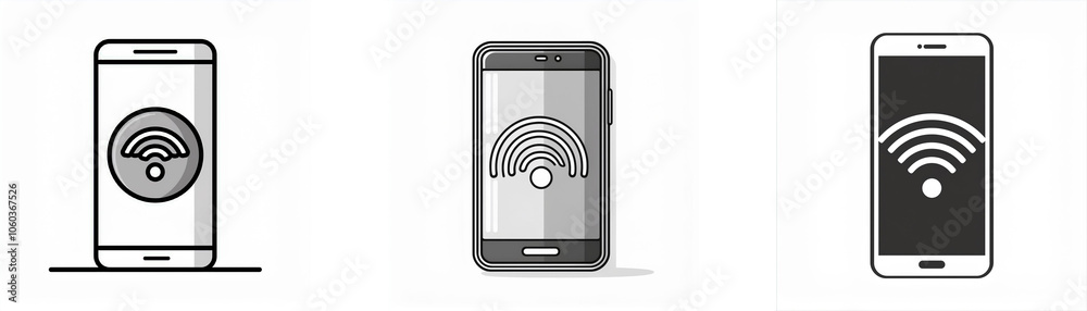 Three smartphones showing a wifi symbol on the screen. Three smartphones showing a wifi symbol on the screen.