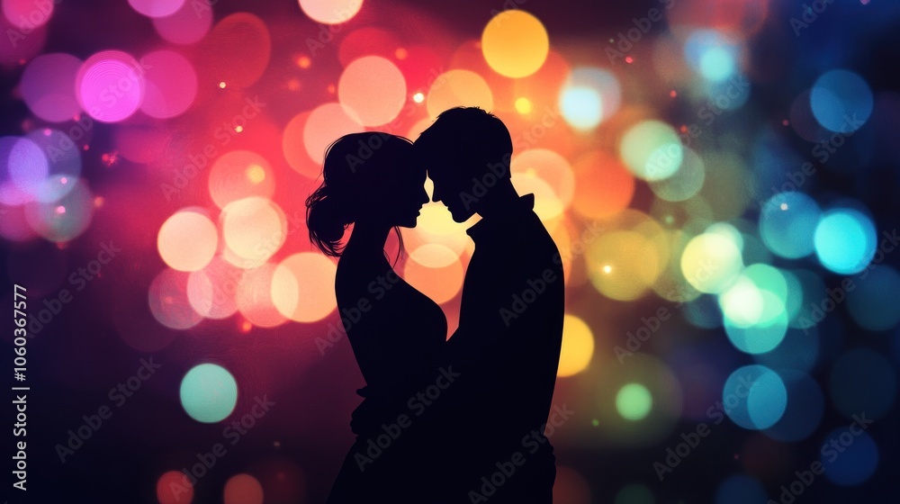 Silhouette of a couple embracing against a colorful bokeh background. Silhouette of a couple embracing against a colorful bokeh background.