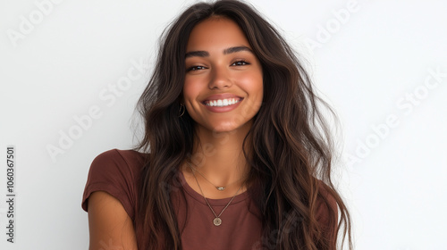 A brunette woman showcases a radiant smile, dressed in casual attire, against a plain background, evoking joy, friendliness, and an outgoing personality.