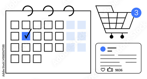 Calendar with selected date highlighted, shopping cart with notification bubble, and social media post with thumbs ups and comments. Ideal for planning, online shopping, social media management