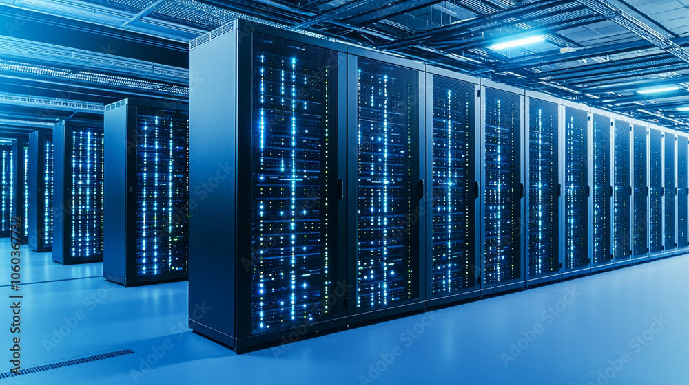Data center with rows of servers and LED lights, a network of cables and cooling systems visible Data center with rows of servers and LED lights, a network of cables and cooling systems visible