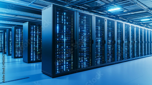 Data center with rows of servers and LED lights, a network of cables and cooling systems visible 