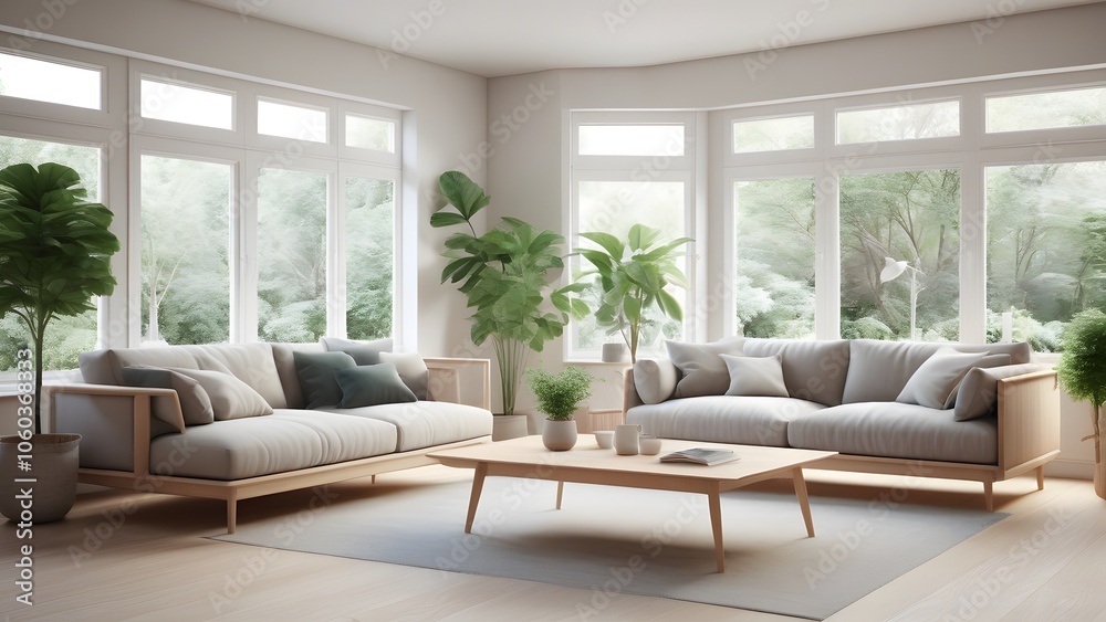 Modern Minimalist Living Space with Large Windows, Natural Light, and Earthy Decor Creating an Inviting Ambiance (80)