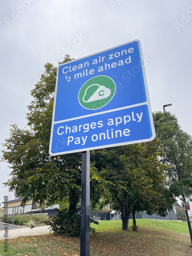 Newcastle UK: 20th Sept 2024: Clean Air Zone traffic signpost near city centre photo