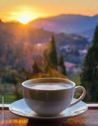 Un cremoso café en un precio atardecer a traves de la ventana