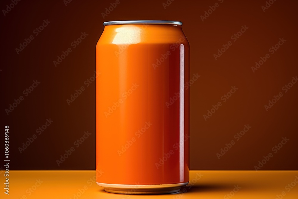 A shiny orange soda can displayed against a matching background. A shiny orange soda can displayed against a matching background.