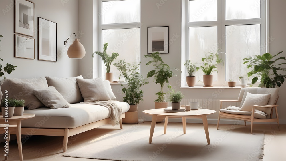 Fototapeta premium Modern Minimalist Living Space with Large Windows, Natural Light, and Earthy Decor Creating an Inviting Ambiance (92)