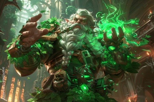 A powerful mage conjuring green magic in a mystical forest temple filled with ancient architecture and vibrant plant life