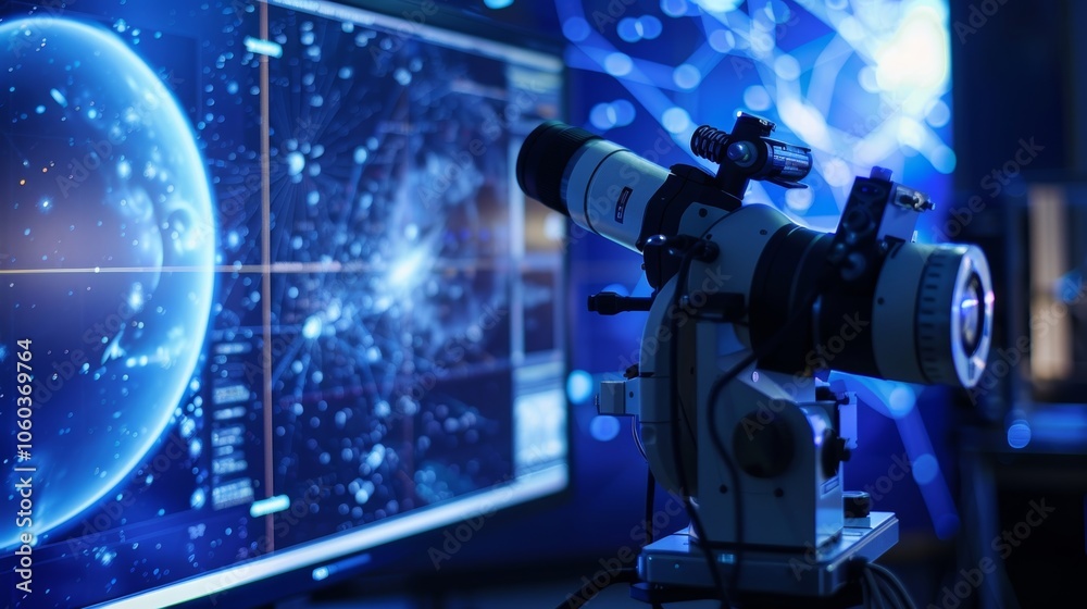 High tech telescope points at a digital display of earth as network connections, blending astronomy and data in a dark lab setting High tech telescope points at a digital display of earth as network connections, blending astronomy and data in a dark lab setting