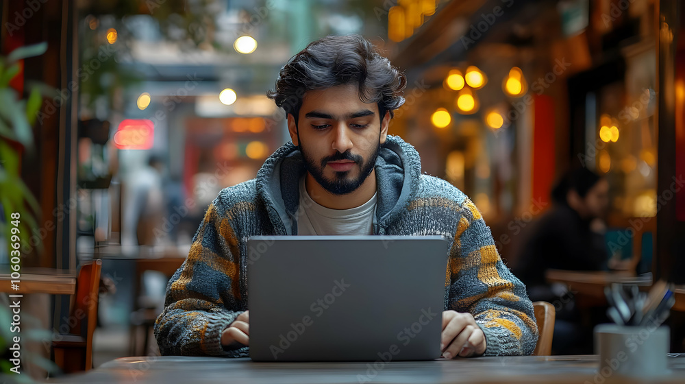 Man Working on Laptop in Cafe - Realistic Image Man Working on Laptop in Cafe - Realistic Image