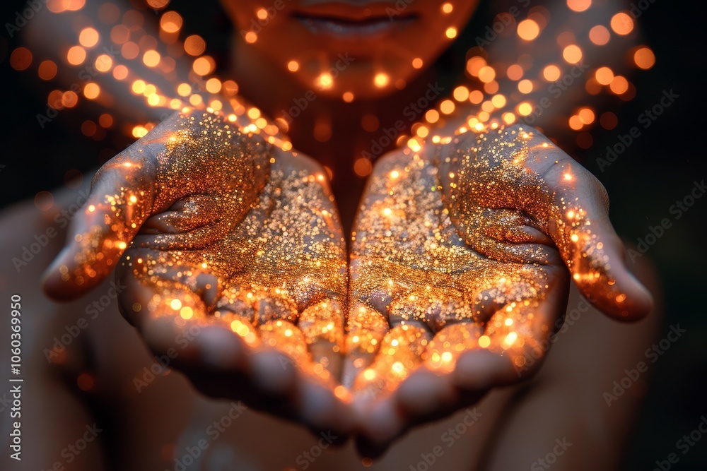 Fototapeta premium A person with sparkling golden glitter in their hands illuminating the surrounding darkness during an artistic evening display