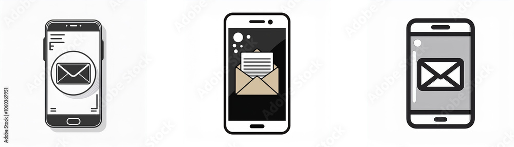 Three smartphone icons, each displaying an envelope icon on their screen. Three smartphone icons, each displaying an envelope icon on their screen.