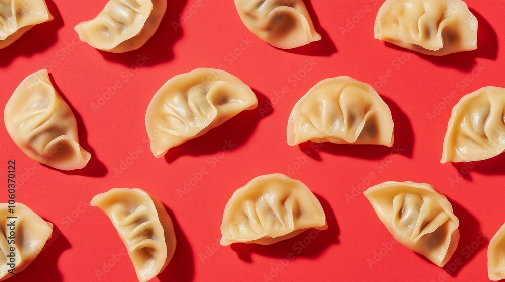 Top view of neatly arranged dumplings on a vibrant red background, showcasing traditional Asian cuisine Top view of neatly arranged dumplings on a vibrant red background, showcasing traditional Asian cuisine
