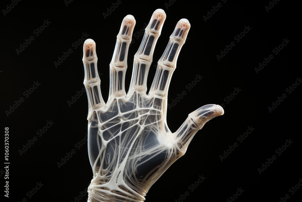 A transparent hand model showcasing intricate internal structures and design. A transparent hand model showcasing intricate internal structures and design.
