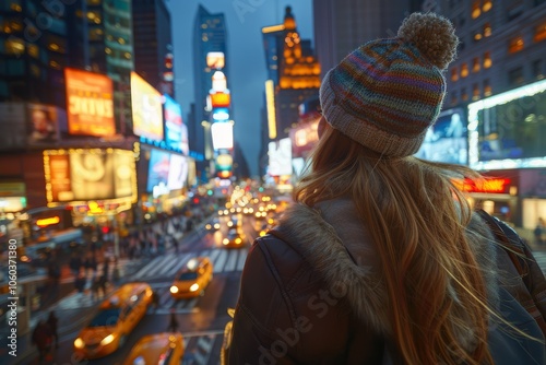 A person enjoying the vibrant lights during evening hours in winter