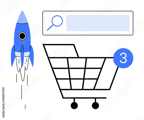 Rocket launching beside shopping cart icon with 3 notification and search bar. Ideal for e-commerce, online shopping, basket design, marketing, digital strategy, business development, and tech