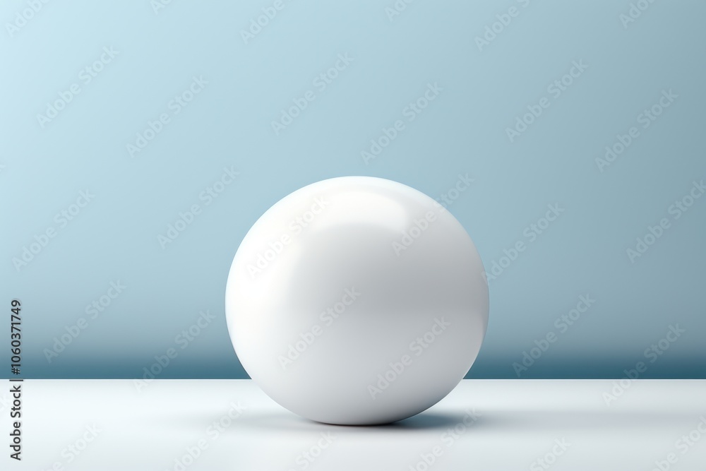 A smooth, reflective white sphere sits on a minimalistic surface against a soft blue background. A smooth, reflective white sphere sits on a minimalistic surface against a soft blue background.
