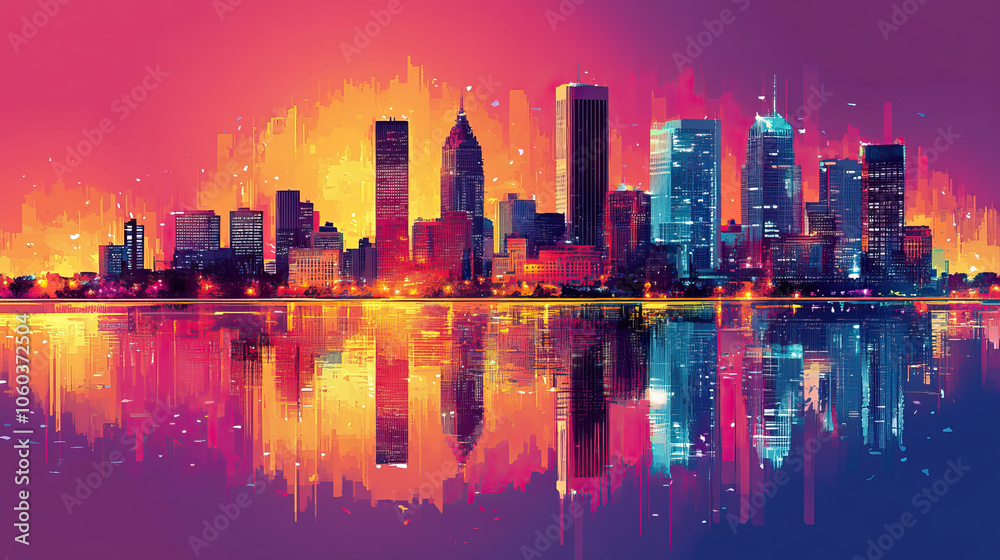 Fototapeta premium Detroit, USA, Pop Art style theme print. Cityscape, city skyline.Vibrant, bright, modern, trendy, graphic designed for poster, card, wallpaper