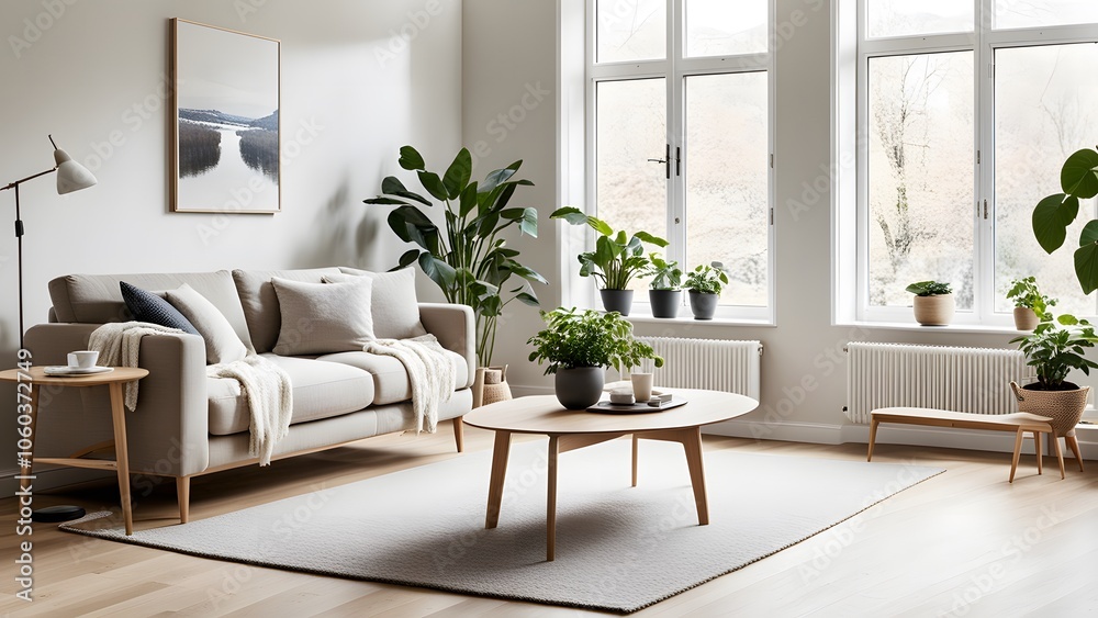 Fototapeta premium Beautifully Designed Living Room Combining Warm Tones, Wooden Furniture, and Indoor Plants for a Serene Retreat (23)