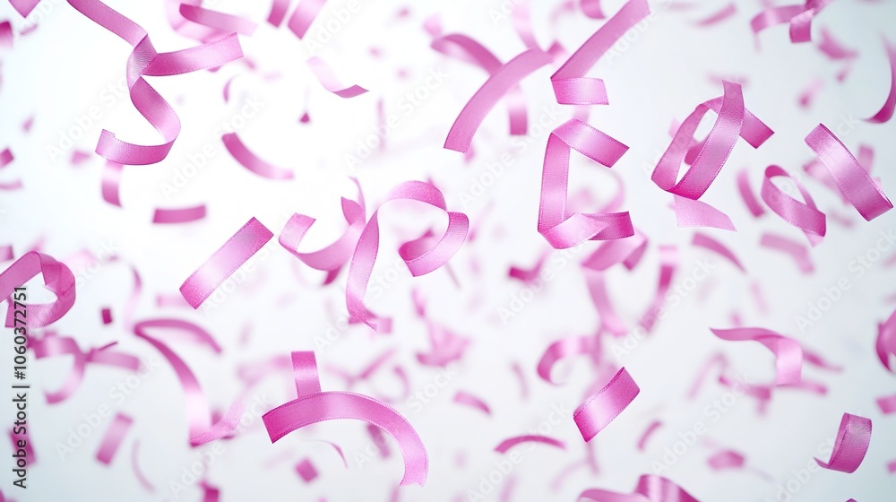 Pink ribbon confetti in mid-air on white backdrop Pink ribbon confetti in mid-air on white backdrop
