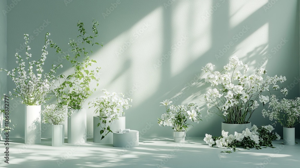 Fototapeta premium A white flower arrangement is displayed in a room with a green wall. The flowers are in various sizes and are placed in different pots. The arrangement creates a sense of calm and serenity in the room