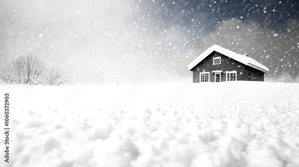 Naklejka premium serene winter scene featuring black house surrounded by heavy snowfall, creating peaceful atmosphere. snow blurs outlines of landscape, enhancing tranquil mood
