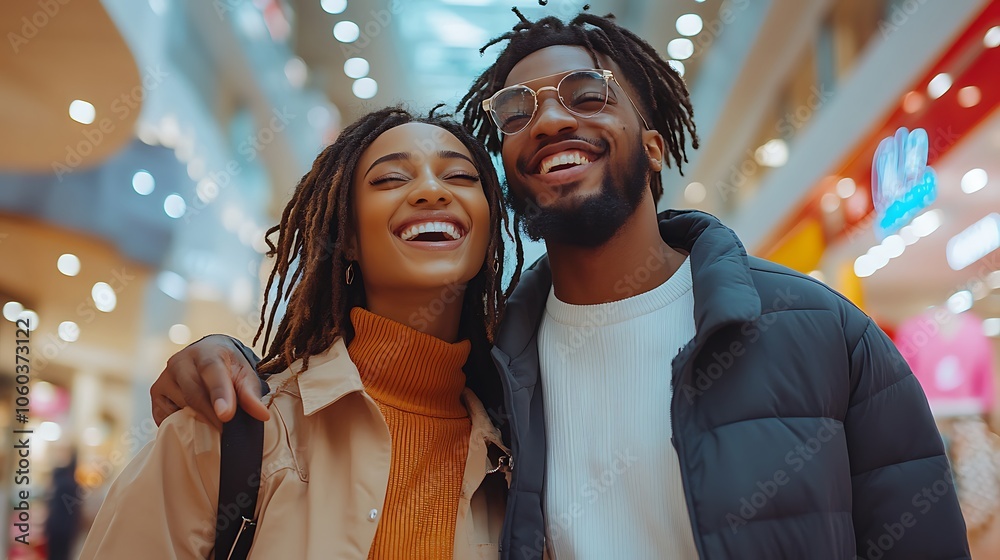 Happy couple enjoys quality time together in a vibrant shopping mall atmosphere embracing joy and connection