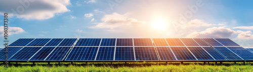 Harnessing solar energy, this showcases solar panels in lush green field under bright blue sky. sun shines brightly, emphasizing importance of renewable energy