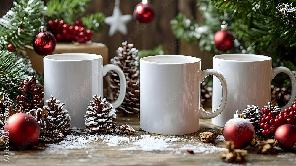 Fototapeta premium Christmas Mug Set with Pinecones and Ornaments