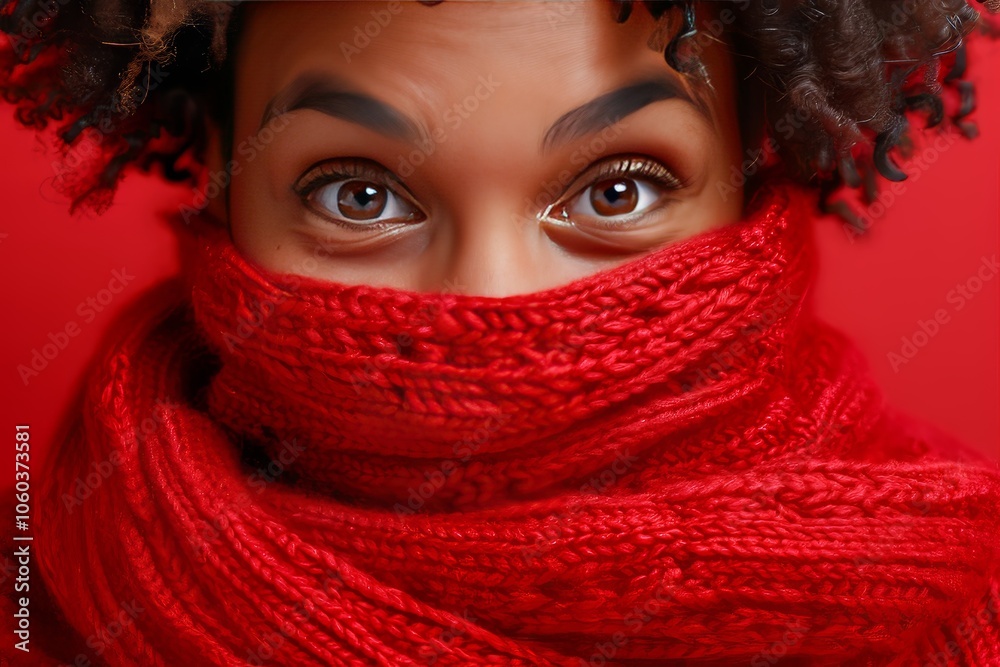 Warmly wrapped individual gazes playfully at the camera against a vibrant red backdrop in winter attire Warmly wrapped individual gazes playfully at the camera against a vibrant red backdrop in winter attire