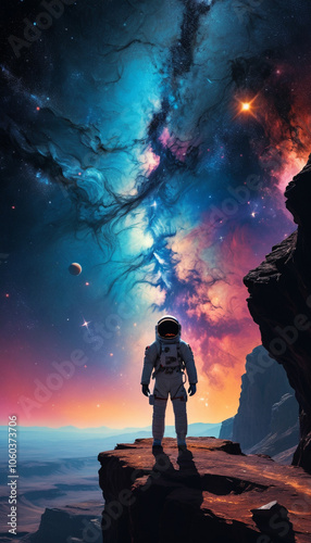 Dreamy space landscape with planets, stars, nebulae and a lone astronaut