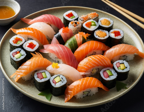 A plate of delicious and healthy sushi and nigiri with sides