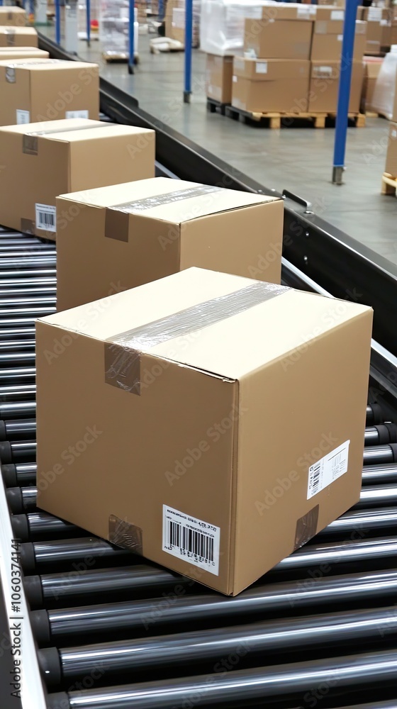 Cardboard boxes moving along a conveyor belt in a warehouse for efficient delivery and online shopping logistics Cardboard boxes moving along a conveyor belt in a warehouse for efficient delivery and online shopping logistics