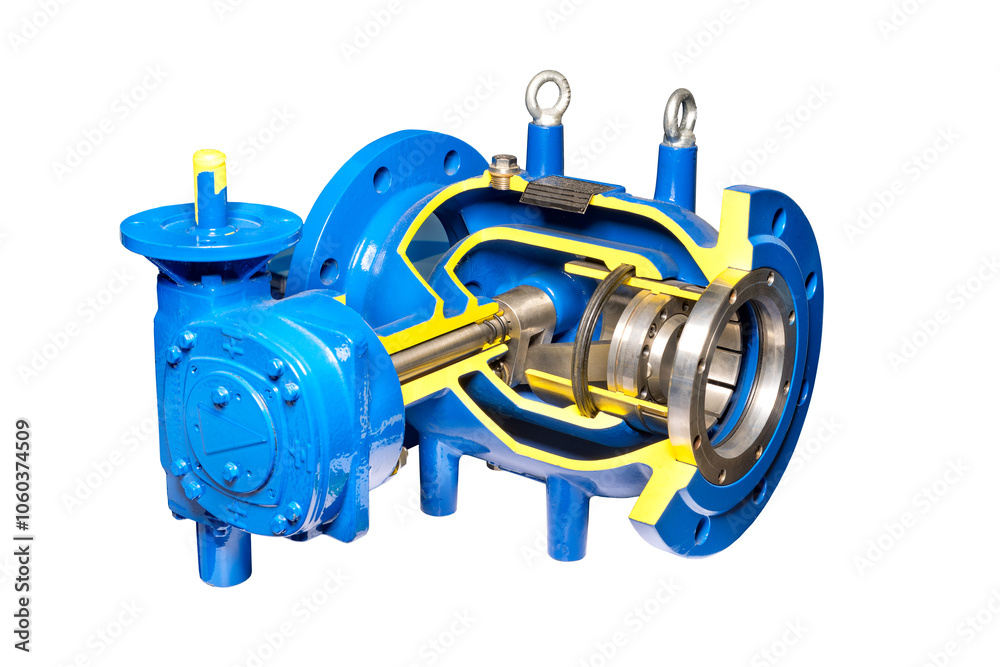Industrial cross-section of control valve mechanical centrifugal pump, blue and yellow, detailed engineering equipment, machinery concept. Isolated on white background.