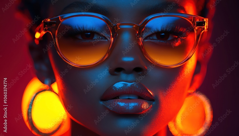 Neonlit fashion portrait with bright, futuristic patterns and stylish sunglasses