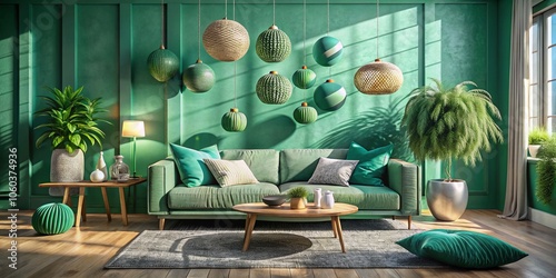 A cozy ScandiBoho living room featuring ultraviolet and jade green accents creates an inviting and vibrant space, blending warmth with natural textures and colors beautifully. photo