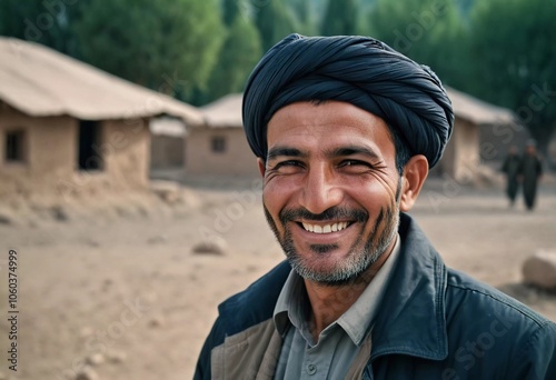 A joyful resident of Afghanistan 45 years old is smiling brightly, embodying the spirit of the region. His traditional attire complements the countryside background. Generative AI. photo