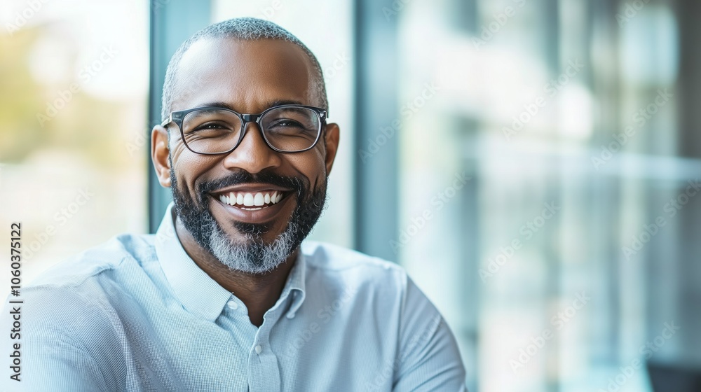 A man wearing glasses and sporting a beard is happily smiling for the camera A man wearing glasses and sporting a beard is happily smiling for the camera