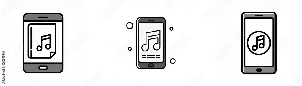Three smartphones with different music app displays. Three smartphones with different music app displays.
